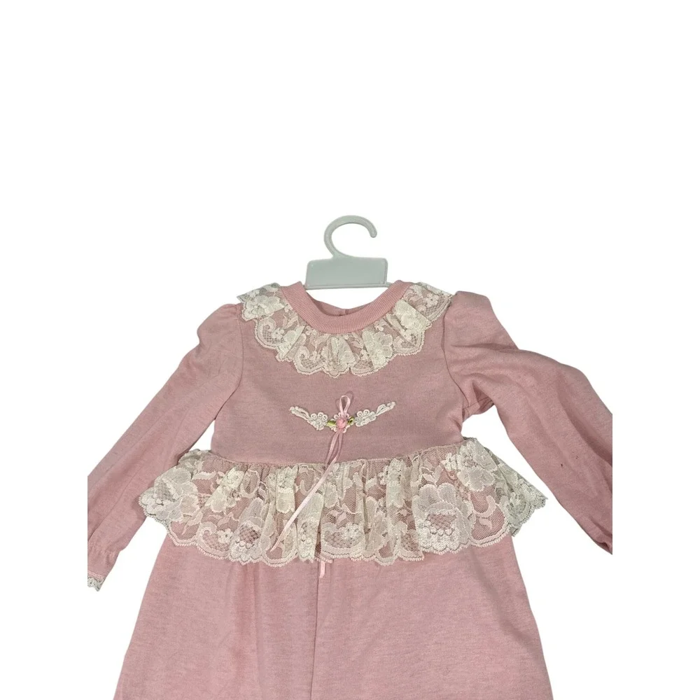 Little Precious Vintage Pink Lace Ruffle Romper Long Sleeve Cottage Core 24M
